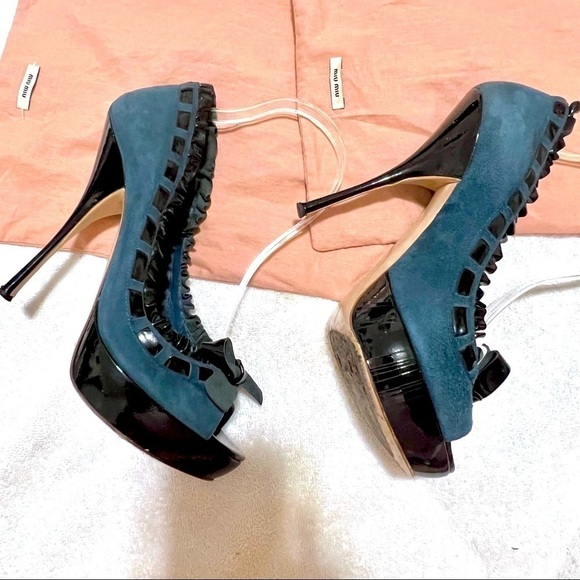 MIU MIU Y2K Coquette Teal suede leather bow stiletto heels womens 8.5 Victorian - Picture 7 of 11